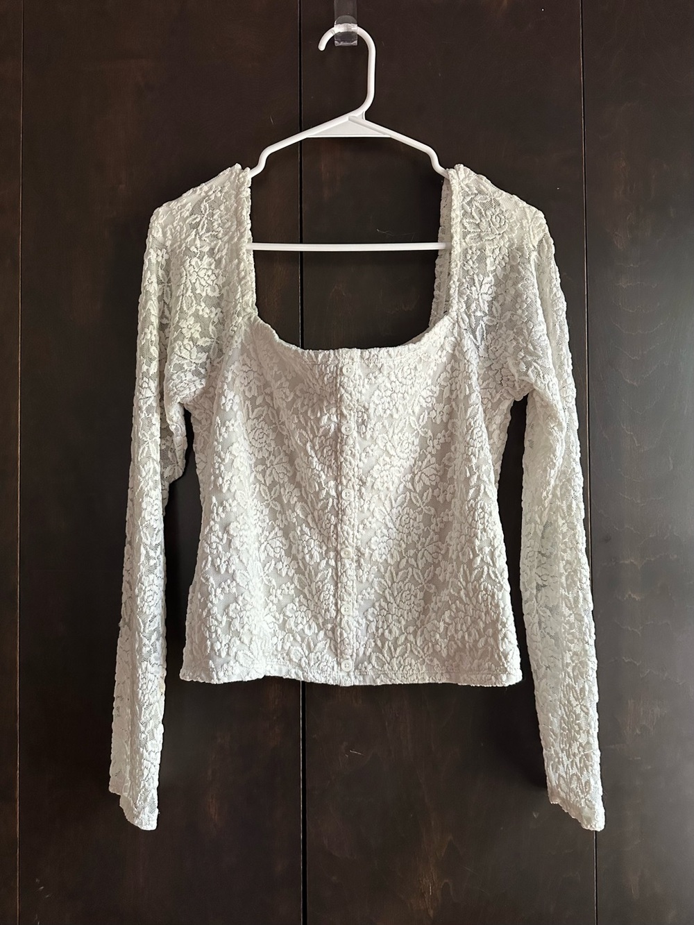 Abercrombie & Fitch White Lace Square-Neck Button-Up Long Sleeve Top